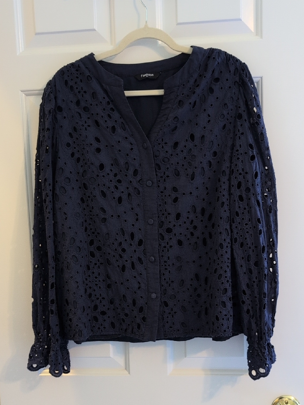 Navy Eyelet Button-Front Women’s Top